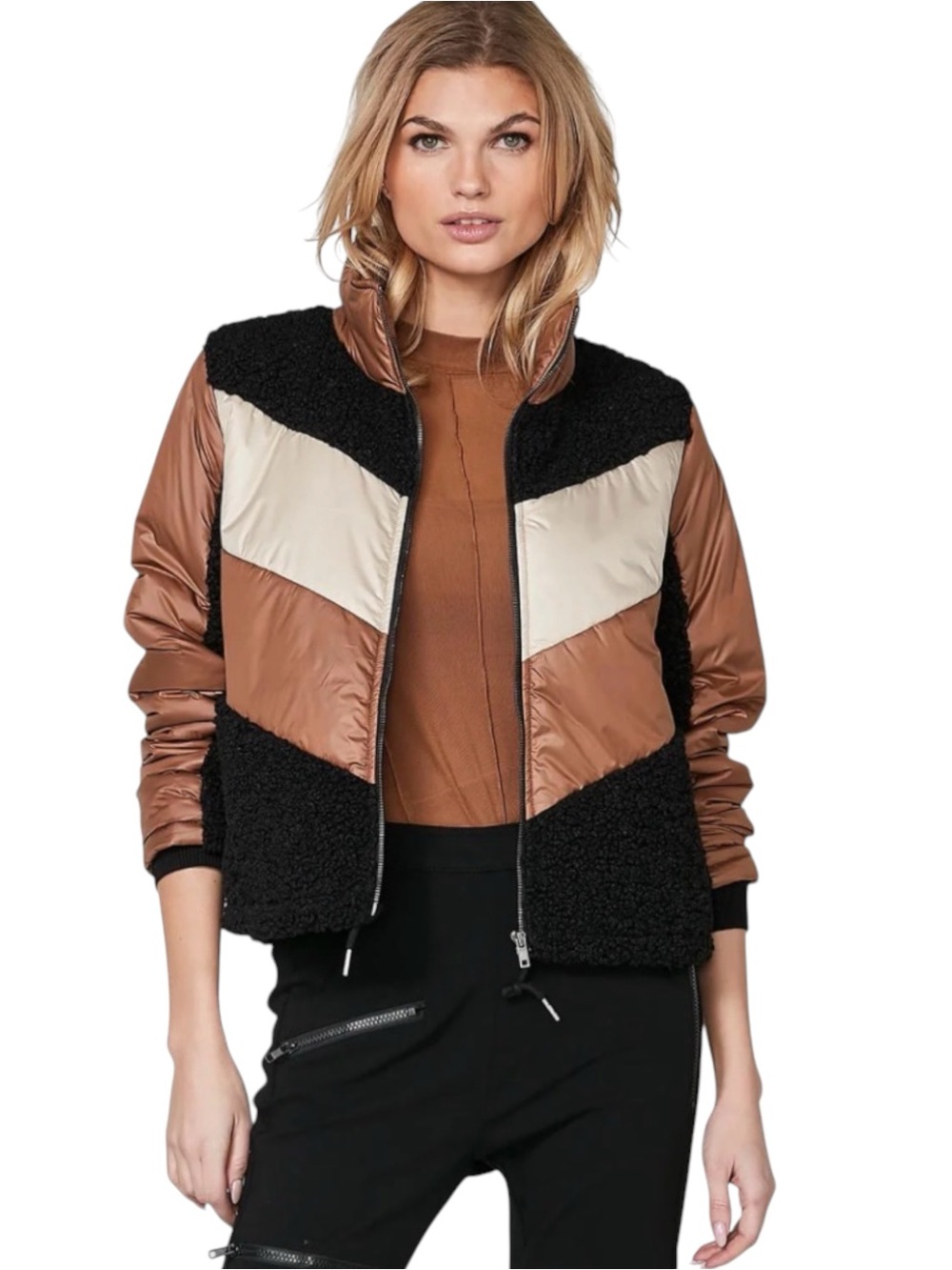 Nu Denmark Ralia Colour Block Toffee Brown/Black/Cream Jacket (XS/S)